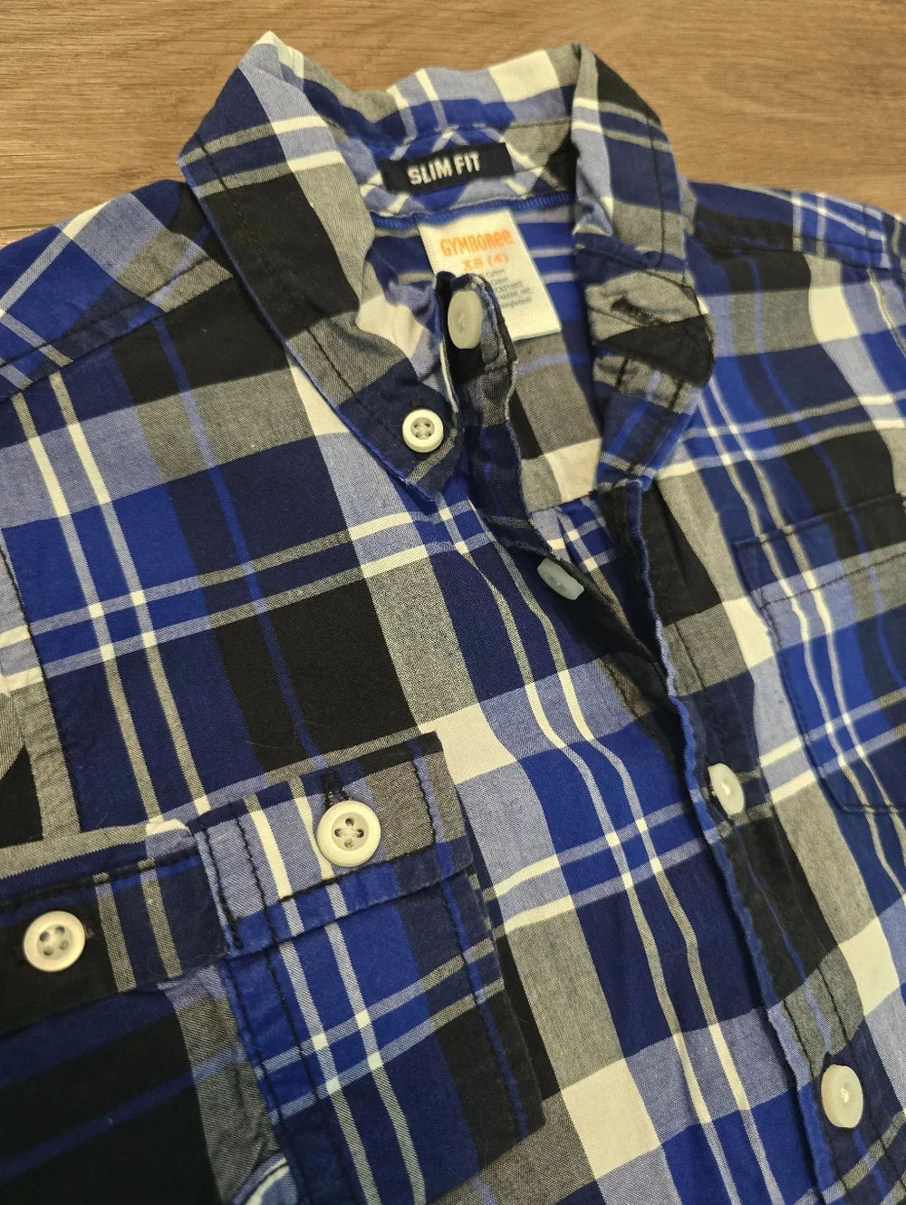Gymboree Boys Plaid Button-Up Shirt Blue Black Slim Fit Size 4 XS‎